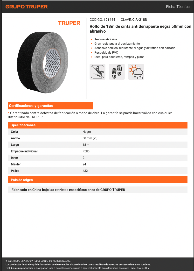 ROLLO DE 18M DE CINTA ANTIDERRAPANTE NEGRA 50MM CON  ABRASIVO MCA. TRUPPER